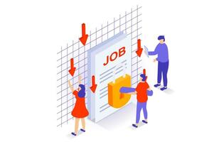 Unemployment and crisis concept in 3d isometric design. People losing jobs and have financial problems and bankruptcy, job market is locked. Vector illustration with isometry scene for web graphic