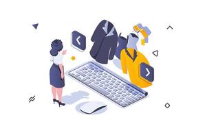 Online shopping concept in 3d isometric design. Woman choosing new clothes in store assortment at site from computer and ordering. Vector illustration with isometric people scene for web graphic