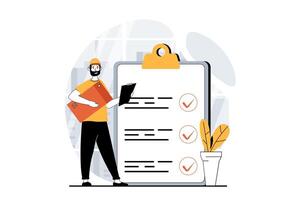 Delivery service concept with people scene in flat design for web. Man courier hands parcel to client and inspects work on checklist. Vector illustration for social media banner, marketing material.