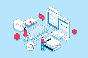 Modern education concept in 3d isometric design. People learning at digital classroom, reading e-books, watching webinars and video lectures. Vector illustration with isometry scene for web graphic