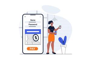 Mobile banking web concept with character scene. Woman manages finances and access to account in application. People situation in flat design. Vector illustration for social media marketing material.