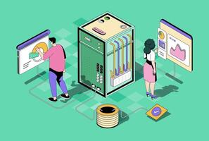 Data centre concept in 3d isometric design. Woman and man work as tech administrators, monitoring system and infrastructure optimization. Vector illustration with isometry people scene for web graphic