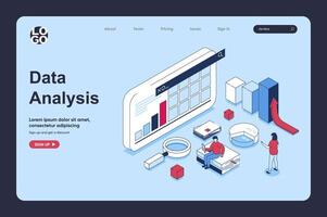 datos análisis concepto en 3d isométrica diseño para aterrizaje página modelo. personas analizando gráficos y gráficos, creando negocio informes, trabajando con financiero diagramas vector ilustración para web