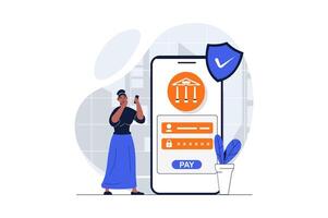 Secure payment web concept with character scene. Woman gets access with password to mobile banking for paying. People situation in flat design. Vector illustration for social media marketing material.