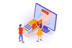 Online shopping concept in 3d isometric design. People making purchases in store webpage, ordering delivery and paying in pos terminal by card. Vector illustration with isometry scene for web graphic