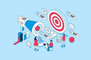 Target audience concept in 3d isometric design. People study market and customer trends, create advertising campaigns and attract new clients. Vector illustration with isometry scene for web graphic