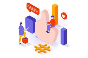 Social media concept in 3d isometric design. People communicates online and sending messages in chat, collecting likes, using hashtags to post. Vector illustration with isometry scene for web graphic