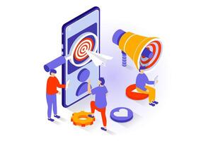 Business and marketing concept in 3d isometric design. People researching market and targeting goals, making promoting and advertising campaign. Vector illustration with isometry scene for web graphic