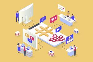 Social network concept in 3d isometric design. Online communication, subscriptions to profiles and blogs, likes, shares of new posts. Vector illustration with isometry people scene for web graphic