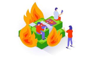 Unemployment and crisis concept in 3d isometric design. People have financial recession and losses money in economy crisis, break credit cards. Vector illustration with isometry scene for web graphic
