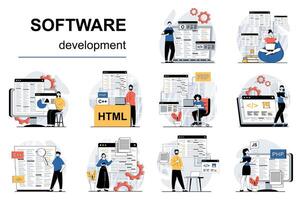 Software development concept with character situations mega set. Bundle of scenes people coding and testing program code, creating apps, working on computer. Vector illustrations in flat web design