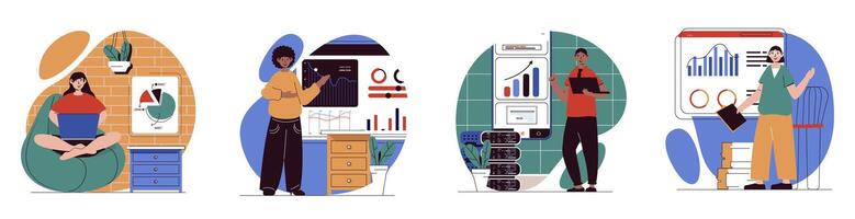 datos análisis concepto con personas escenas conjunto en plano web diseño. haz de personaje situaciones trabajando con base de datos, haciendo analítica, haciendo márketing o financiero investigación. vector ilustraciones.