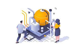 Oil Industry concept in 3d isometric design. Engineers working at oil refinery plant, check and control machinery infrastructure. Vector illustration with isometric people scene for web graphic