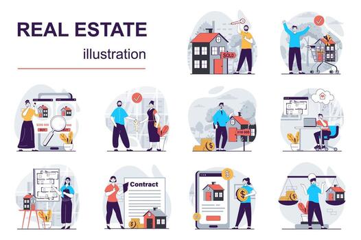 real inmuebles concepto con personaje situaciones mega colocar. haz de escenas personas comprando casas o apartamentos, haciendo acuerdo contrato con corredor de bienes raíces, obtener hipoteca. vector ilustraciones en plano web diseño