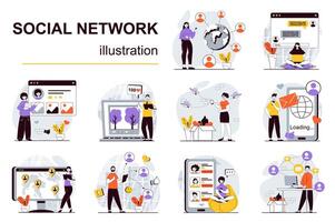 Social network concept with character situations mega set. Bundle of scenes people surfing in social media, chatting with friends, posting photo, sharing links. Vector illustrations in flat web design