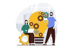 Teamwork concept with people scene in flat design for web. Woman and man brainstorming, generating ideas and finding creative solving. Vector illustration for social media banner, marketing material.