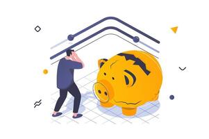 Unemployment crisis concept in 3d isometric design. Upset man sees destroy of his piggy bank and losing savings, has financial problem. Vector illustration with isometric people scene for web graphic