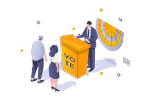 Election and voting concept in 3d isometric design. Political candidate stands behind podium and makes election campaign with voters. Vector illustration with isometric people scene for web graphic