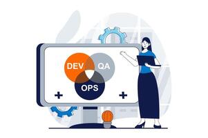 DevOps concept with people scene in flat design for web. Woman monitoring and optimization workflow, communication and administration. Vector illustration for social media banner, marketing material.