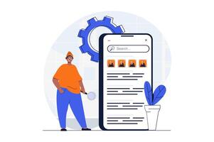 Financial planning web concept with character scene. Man making search and creates strategy on mobile phone. People situation in flat design. Vector illustration for social media marketing material.