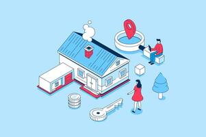 Real estate concept in 3d isometric design. People researching real estate market and choosing new home, client buying property and moving. Vector illustration with isometry scene for web graphic