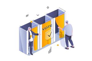 elección y votación concepto en 3d isométrica diseño. hombre y mujer votantes elegir su político candidatos en público votación cabinas vector ilustración con isométrica personas escena para web gráfico