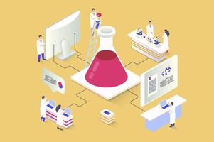 Medical laboratory concept in 3d isometric design. Scientists do scientific research on blood or liquid in flask, develop new medicines. Vector illustration with isometry people scene for web graphic