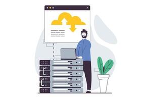 SaaS concept with people scene in flat design for web. Man working with cloud storage and using database hardware for sync files. Vector illustration for social media banner, marketing material.