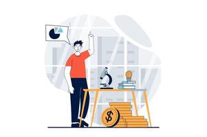 Data science concept with people scene in flat design for web. Man scientist working with microscope, creating financial diagrams. Vector illustration for social media banner, marketing material.