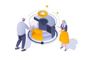 Business marketing concept in 3d isometric design. Professional team analyzing data and discussing project, research graph and planning. Vector illustration with isometry people scene for web graphic