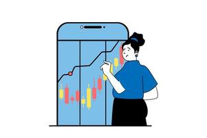 Crisis management concept with people scene in flat web design. Woman monitoring and analysing chart with falling arrow at mobile app. Vector illustration for social media banner, marketing material.