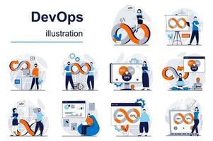 DevOps concept with character situations mega set. Bundle of scenes people working on operations process, programming software, using agile project management. Vector illustrations in flat web design