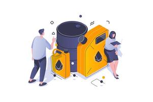 Oil Industry concept in 3d isometric design. Man and woman using barrel and canisters for storage fuel for refueling cars in garage. Vector illustration with isometric people scene for web graphic