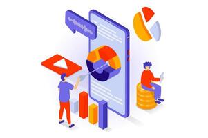 Business and marketing concept in 3d isometric design. People analyzing data company, making report in mobile app, promoting and advertising. Vector illustration with isometry scene for web graphic