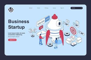 Startup business concept in 3d isometric design for landing page template. People entrepreneurs working in team, creating new project, attracting investment and launching. Vector illustration for web