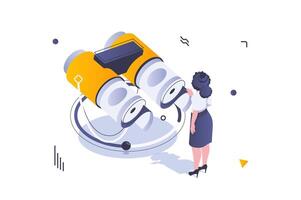 Unemployment crisis concept in 3d isometric design. Woman loses job and searching for new job through binoculars, career challenge. Vector illustration with isometric people scene for web graphic