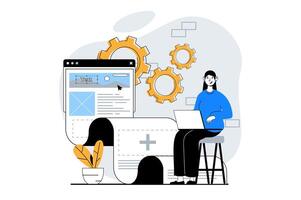 Web development concept with people scene in flat design. Woman creating site layout, editing and filling with content and elements. Vector illustration for social media banner, marketing material.