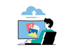 Cloud computing concept with people scene in flat web design. Man upload different files and digital content to online storage service. Vector illustration for social media banner, marketing material.