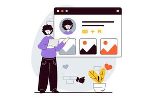 Social network concept with people scene in flat design for web. Woman registering and filing online profile, adding photo and posts. Vector illustration for social media banner, marketing material.