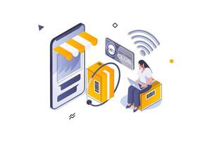 Online shopping concept in 3d isometric design. Woman buying new goods and ordering delivery of boxes to home using mobile application. Vector illustration with isometric people scene for web graphic