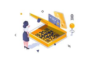 Online shopping concept in 3d isometric design. Woman buying new goods at store, paying with credit card and using program loyalty. Vector illustration with isometric people scene for web graphic