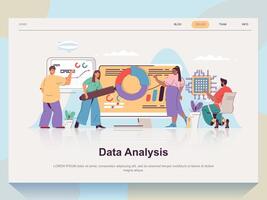 Data analysis web concept for landing page in flat design. Man and woman analyze statistics, charts and graphs, research diagrams on screens. Vector illustration with people scene for website homepage