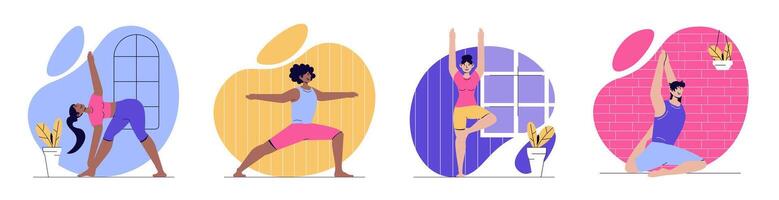 yoga formación concepto con personas escenas conjunto en plano web diseño. haz de personaje situaciones con hombres y mujer practicando asanas, haciendo pilates y gimnástico ejercicios. vector ilustraciones.