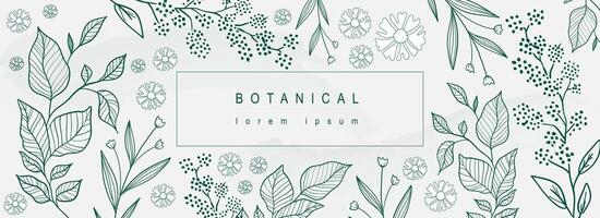 Botanical abstract background with floral line art design. Horizontal web banner in minimal style with different green leaves, plant twigs, blooming flowers and wildflowers. Vector illustration.