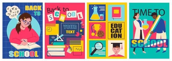 Back to school cover brochure set in trendy flat design. Poster templates with schoolgirl doing homework, books and stationery, different lessons and science, teacher and pupil. Vector illustration.