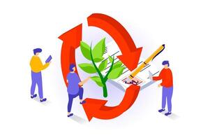 Eco lifestyle concept in 3d isometric design. People care about plants and environment, using recycling technologies and reuse principles. Vector illustration with isometry scene for web graphic