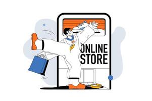 en línea compras concepto con personas escena en plano línea diseño para web. hombre hace compra en Internet Tienda y pago en móvil aplicación vector ilustración para social medios de comunicación bandera, márketing material.