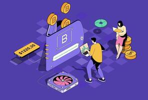 Bitcoin wallet concept in 3d isometric design. Man and woman mining cryptocurrencies, buying or selling virtual money, earning profit. Vector illustration with isometry people scene for web graphic