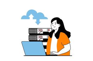 Cloud computing concept with people scene in flat web design. Woman making sync online and processing with online database at laptop. Vector illustration for social media banner, marketing material.