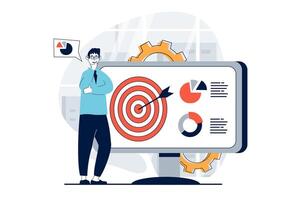 Strategic planning concept with people scene in flat design for web. Man generates ideas, targeting and creating process visual scheme. Vector illustration for social media banner, marketing material.